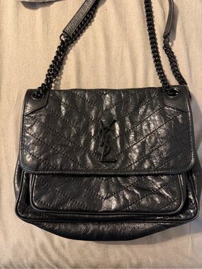 Saint Laurent Black Quilted Leather Flap Shoulder Bag with Chain